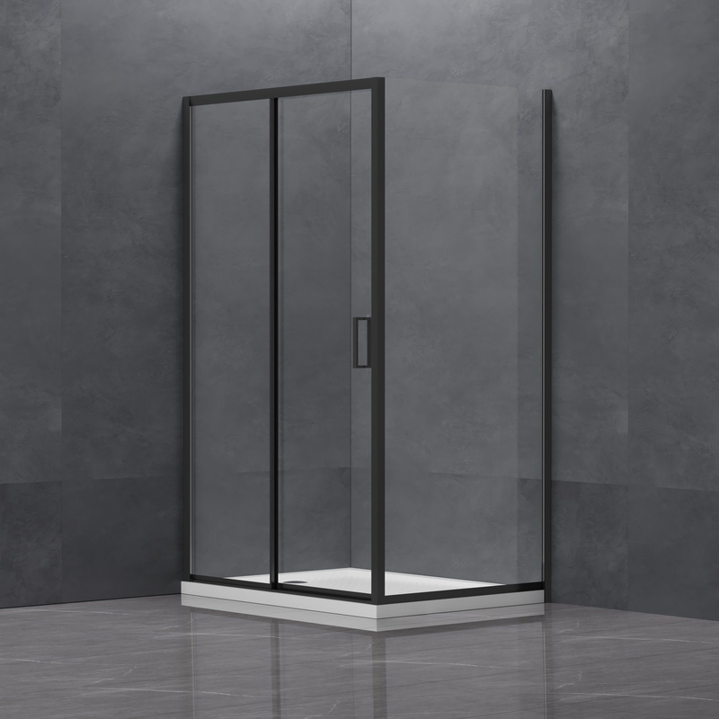 Black Aluminum Rectangular Shower Enclosure featuring Sliding Door and Tempered Glass